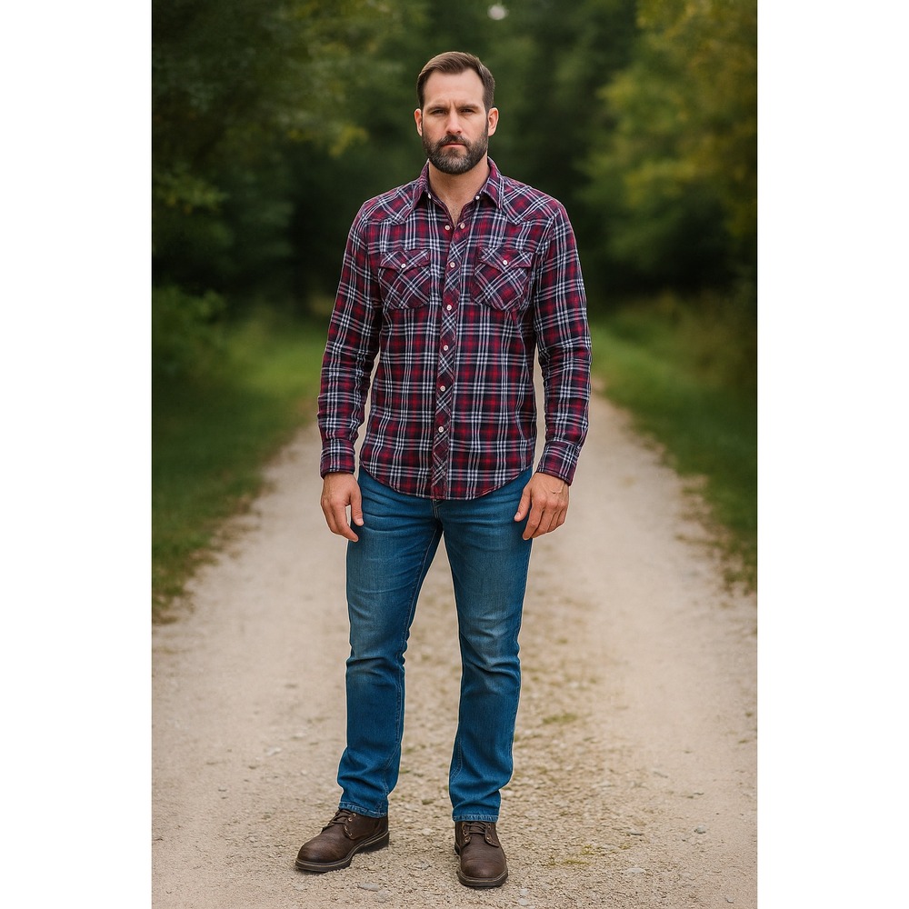 Plaid Pearl Snap Button Burgundy/Blue Flannel Chore Western Work‎ Shirt Men M